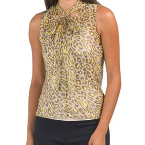 Theory Taupe Multi Leopard Crinkle silk tie top K0202515